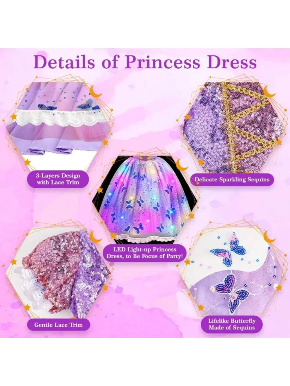 Girls Light Up Princess Costume Dress Halloween Birthday Gift Ages 3-10